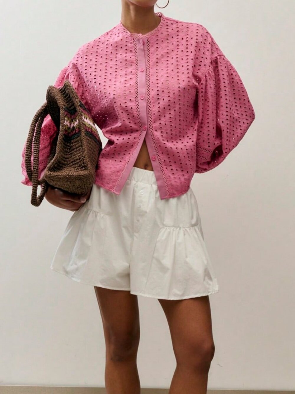 Pink Casual Women's Button Down Eyelet Blouse - Picture 3 of 6